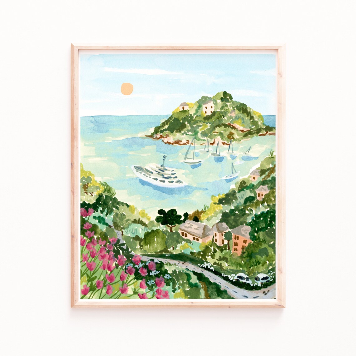 Portofino Travel Poster, Tropical Ocean Watercolor