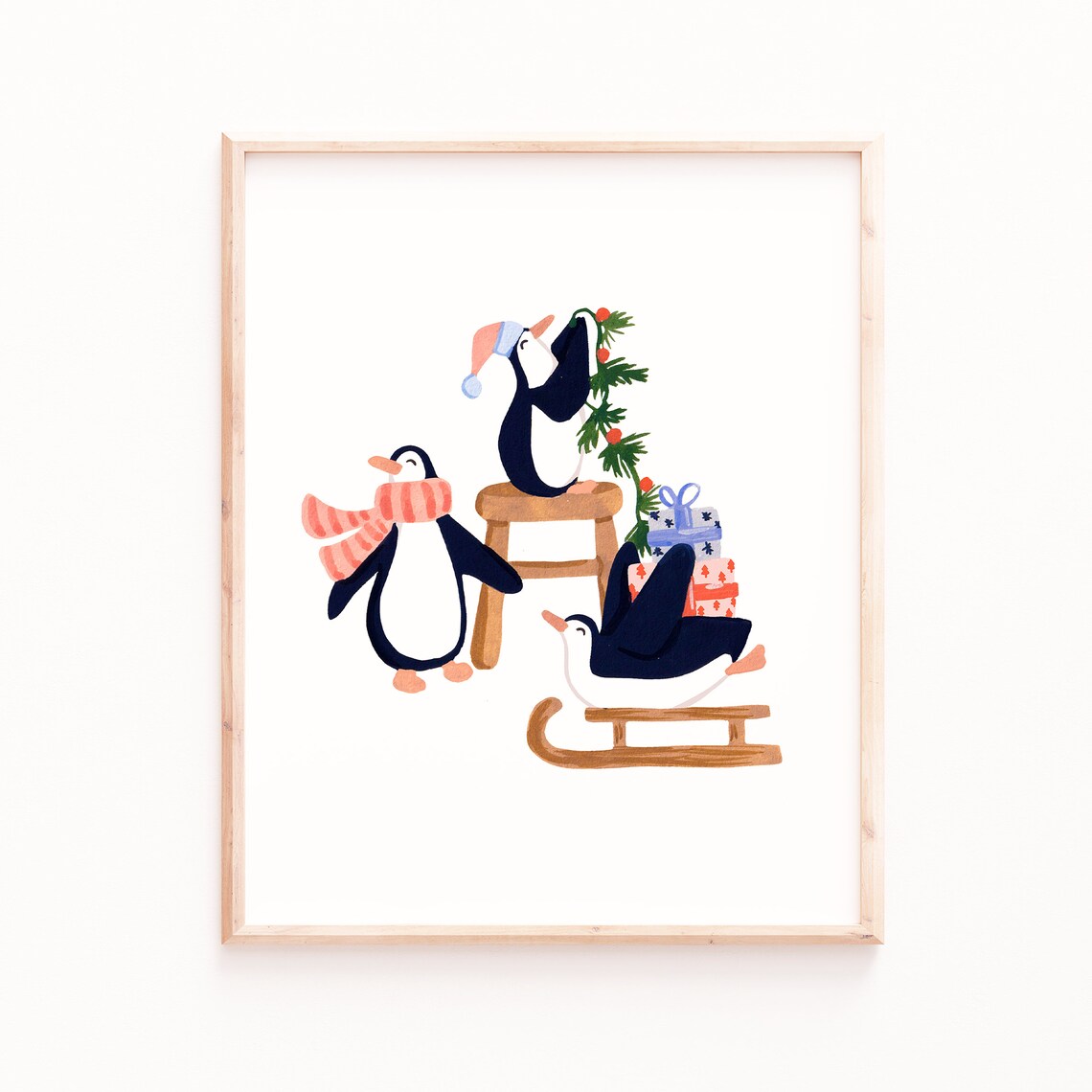 Helper Penguins Art Print, Holiday Christmas Illustration
