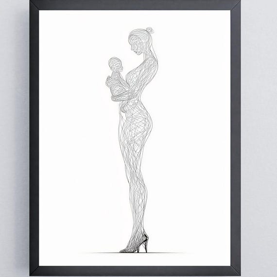 Minimalist Mother Child Line Drawing Wall Art Print For Nursery Or Home Elegant Black And White Sketch Decor