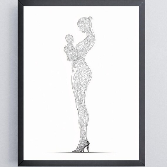 Minimalist Mother Child Wire Line Drawing Modern Nursery Decor Poster