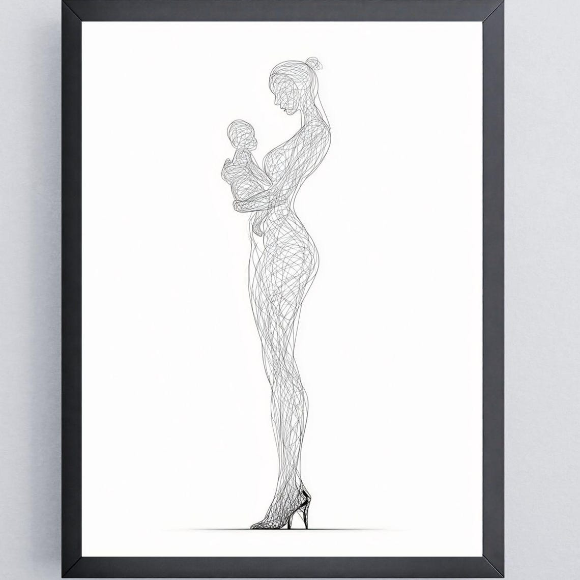 Minimalist Mother Child Line Drawing Wall Art Print For Nursery Or Home Elegant Black And White Sketch Decor