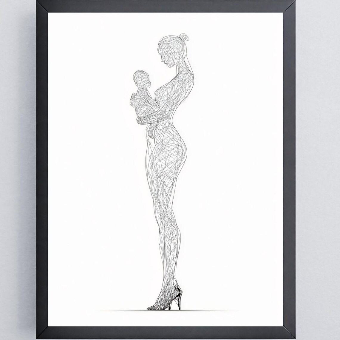 Minimalist Mother Child Wire Line Drawing Modern Nursery Decor Poster