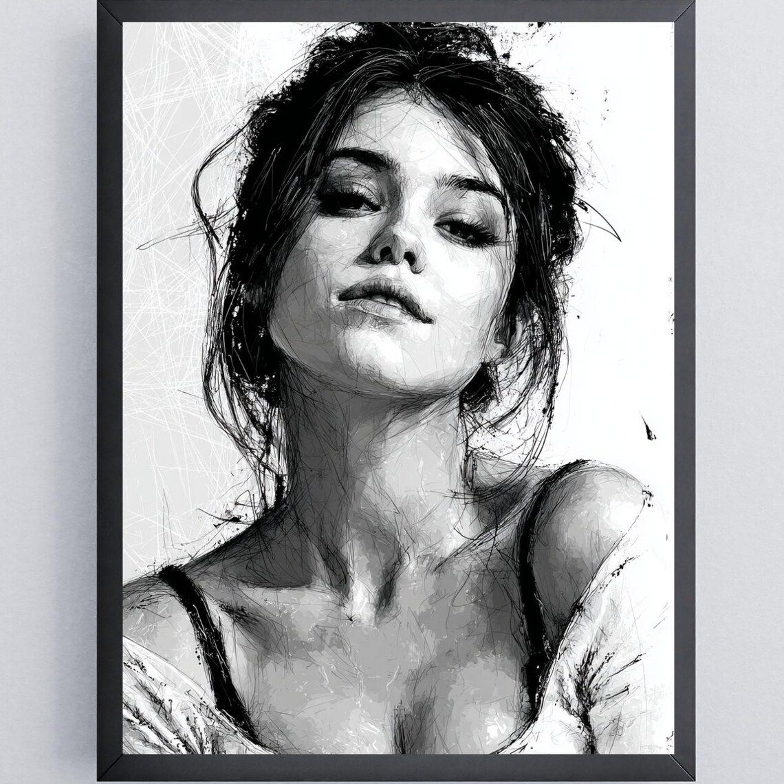 Black White Sketchy Ink Woman Portrait Messy Hair Modern Boho Art Poster