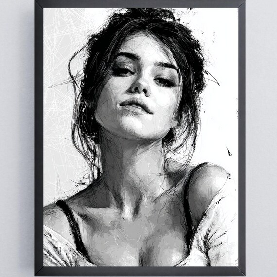 Black White Sketchy Ink Woman Portrait Messy Hair Modern Boho Art Poster