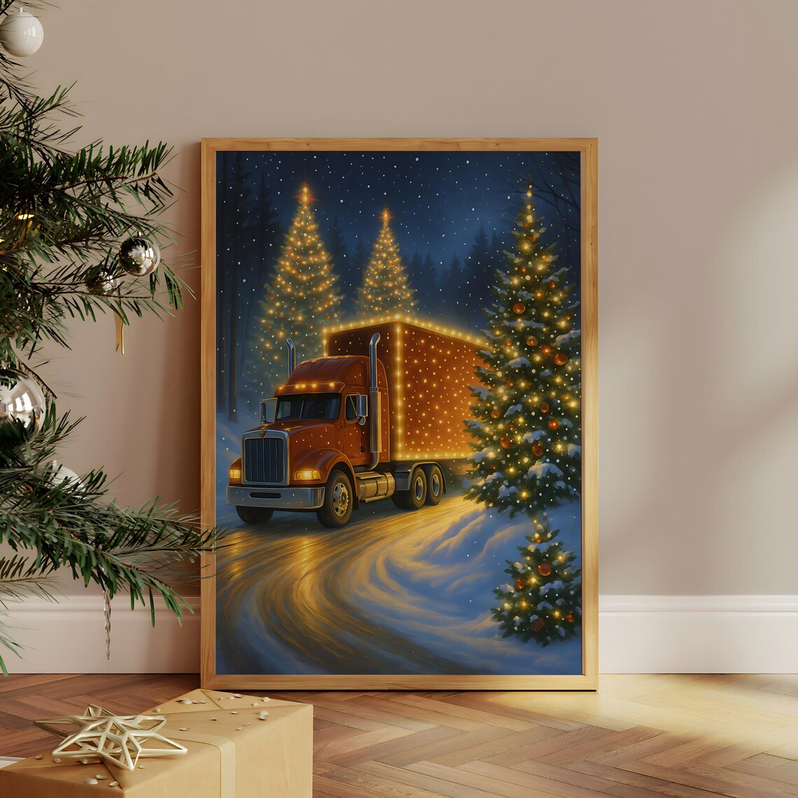 Christmas Truck Winter Wonderland Snowy Lights Vintage Holiday Poster