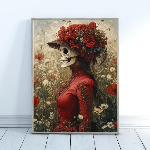 Skeleton Poster Maximalist Halloween Wall Art Bold Colorful Decor Witchy Decor For Living Room Unique Art Print Above Couch