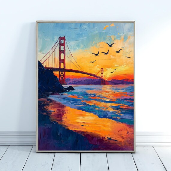 Golden Gate Bridge Sunset Painting San Francisco Bay Impasto Art Poster