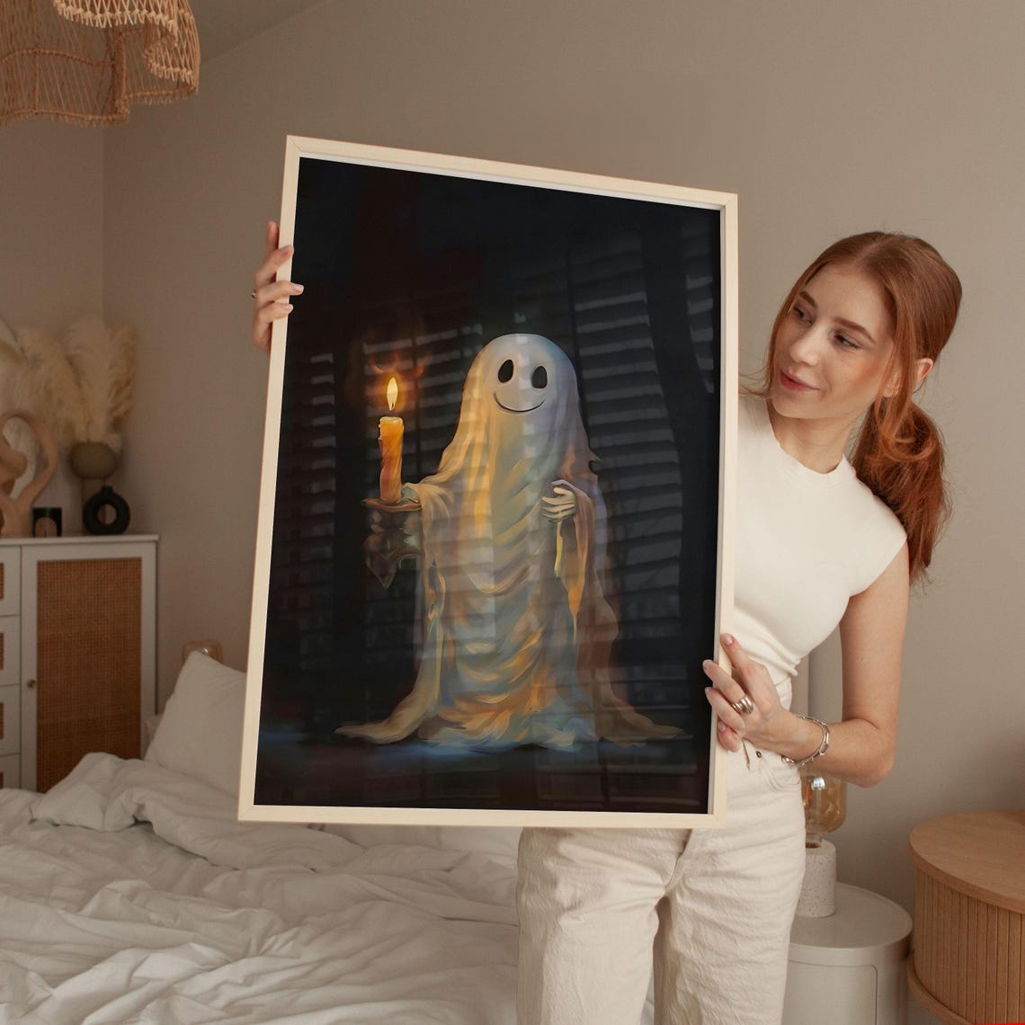 Smiling Ghost Holding A Candle Cute Spooky Halloween Art Poster - Image 2