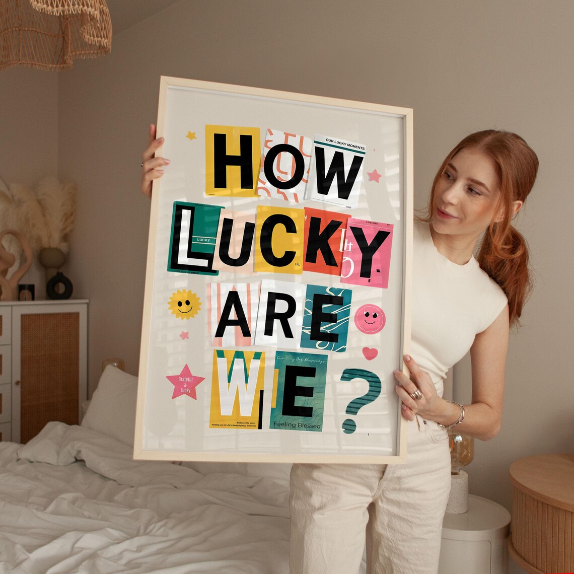 How Lucky Are We Ransom Note Collage Letters Playful Quote Poster - Image 2