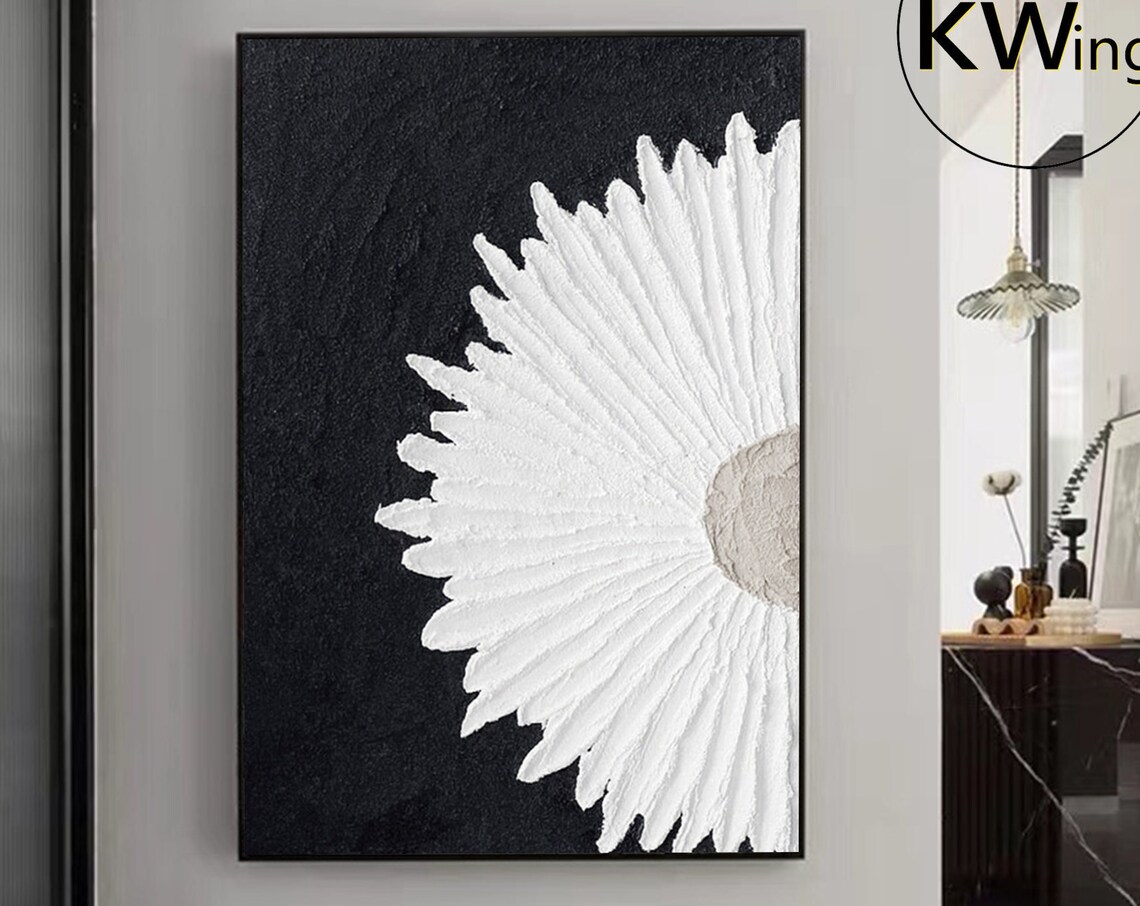 White Daisy Flower Black Background 3D Textured Floral Art Poster