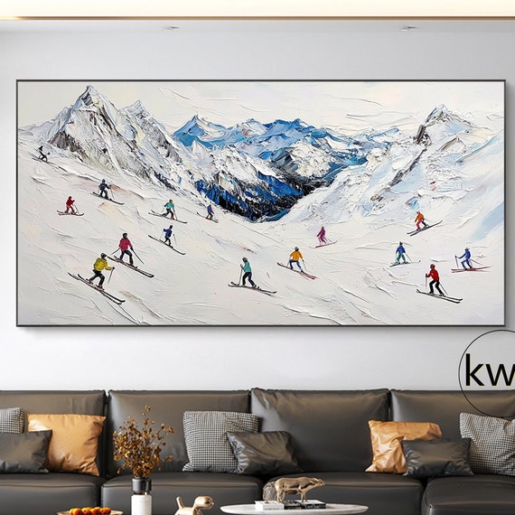 Original Mountain Ski Sport Painting On Snowy Mountain Scenery Painting Abstract Skiing Wall Art Bedroom Wall Decor Personalized Gift