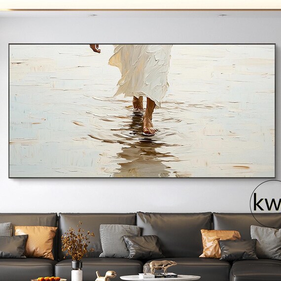 Jesus Walking on Water Minimalist Beige Textured Faith Art Poster