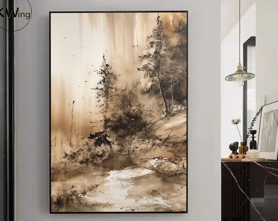 Large Beige And Brown Landscape Painting Abstract Trees Oil Painting Beige Wabi Sabi Wall Painting Custom Neutral Painting Home Wall Decor