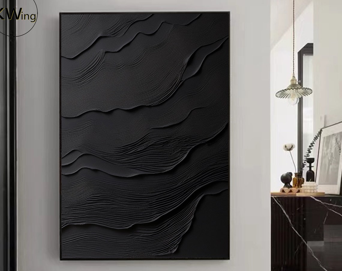 Black Layered Wave 3D Texture Abstract Painting Dark Minimalist Poster