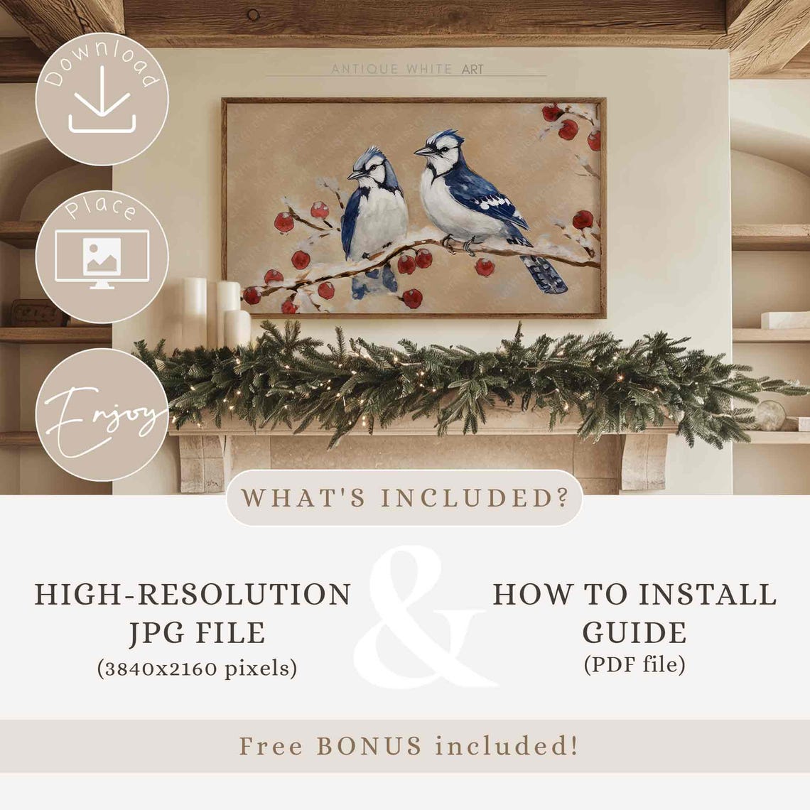 Blue Jay Pair On Snowy Berry Branch Winter Bird Wall Art Print - Image 3