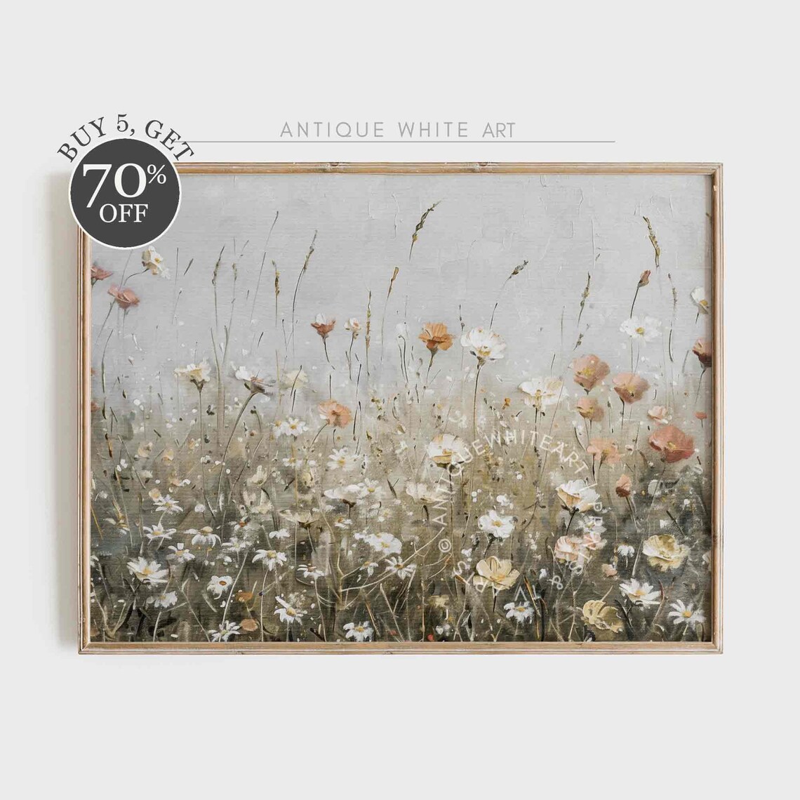 Wildflower Field Landscape, Muted Green Meadow Art Print
