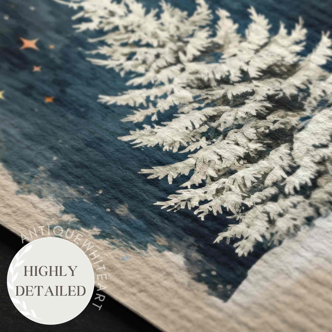 Snowy White Pine Tree Under Starry Night Sky Christmas Wall Art - Image 2
