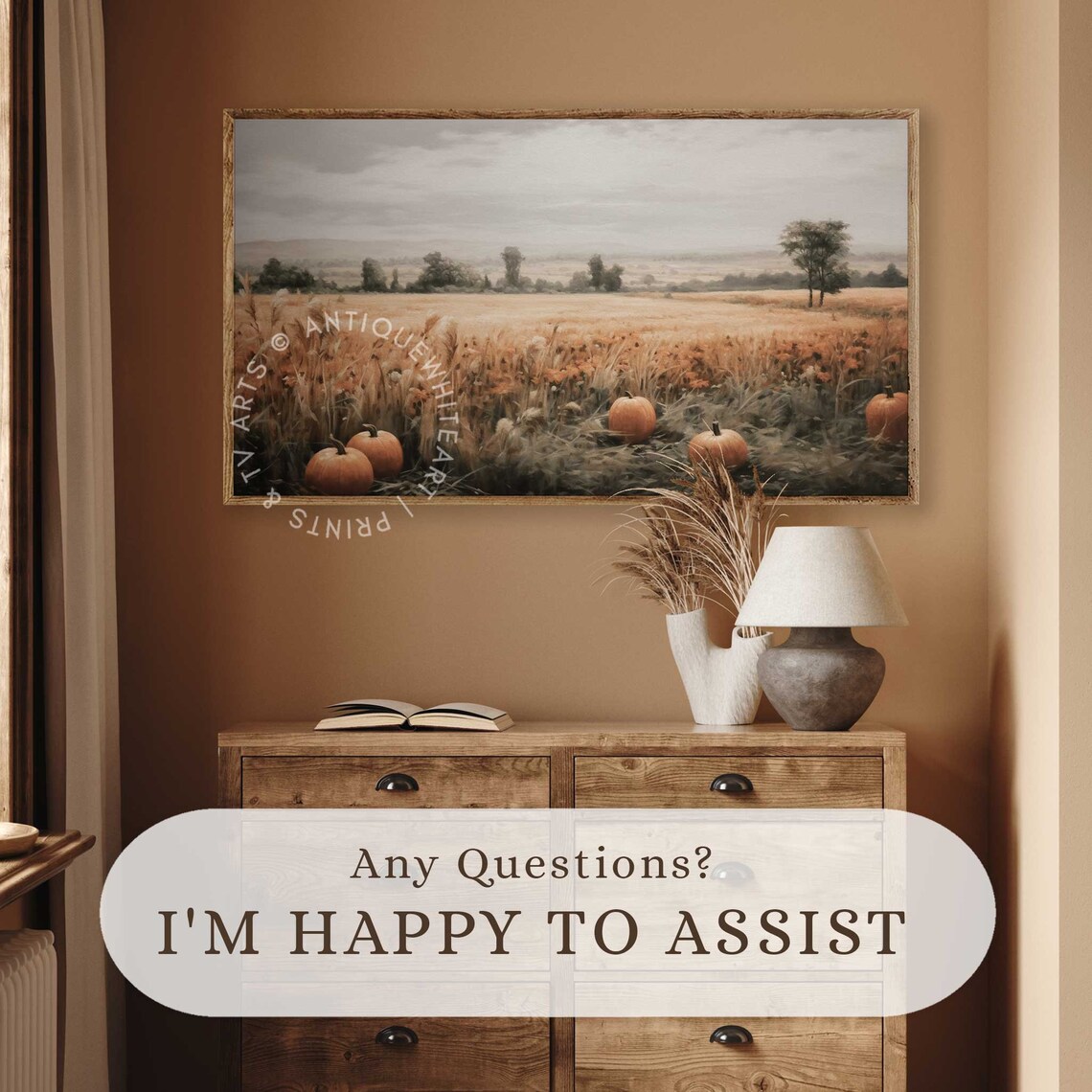 Golden Fall Wheat Field Pumpkins Harvest Vintage Landscape Painting Poster - Image 2