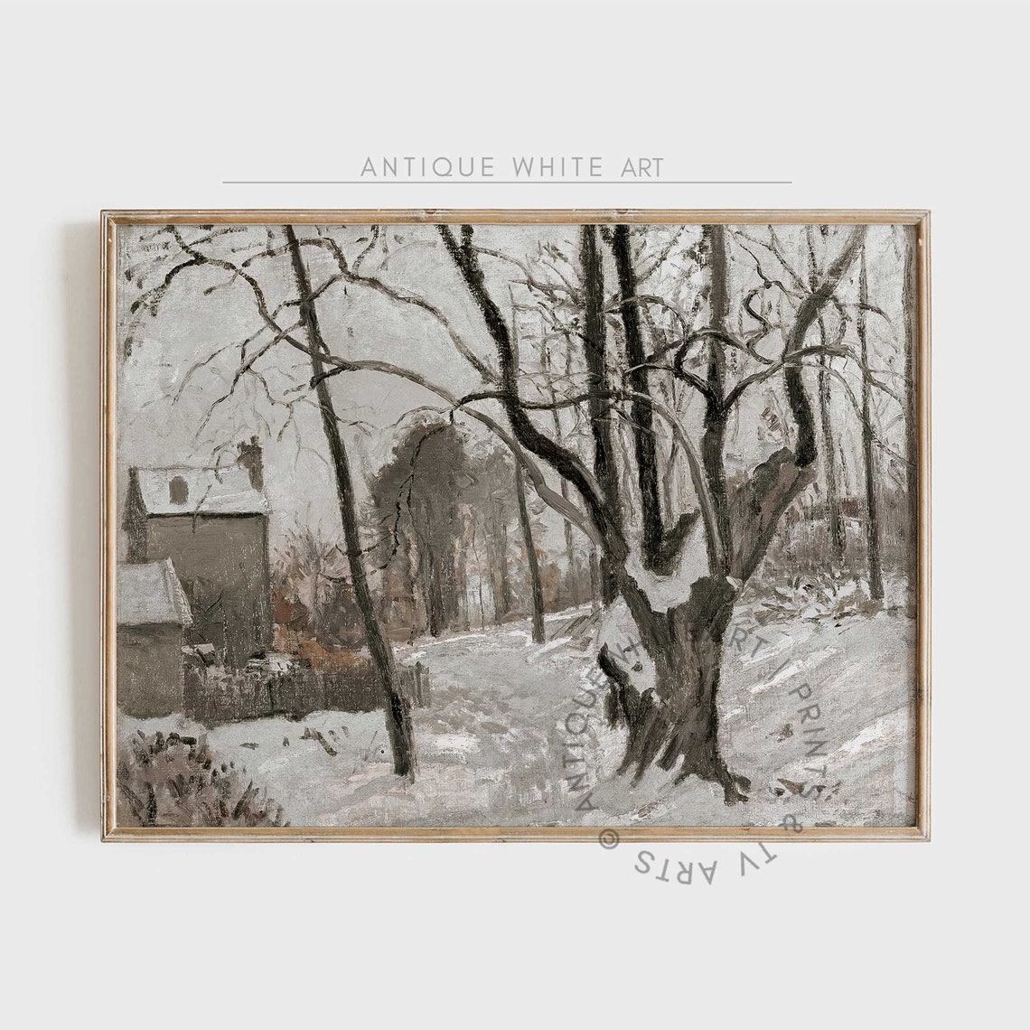 Bare Twisted Trees Snowy Cottage Muted Winter Vintage Landscape Print