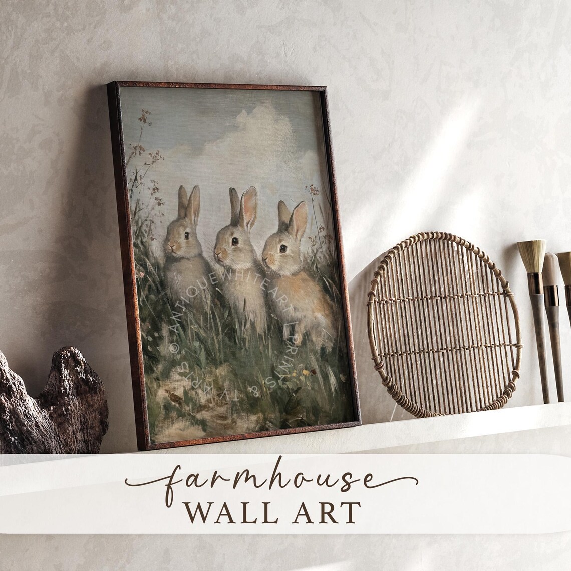 Three Rabbits Meadow Vintage Painting Antique Bunny Rabbit Easter Art Print - Image 4
