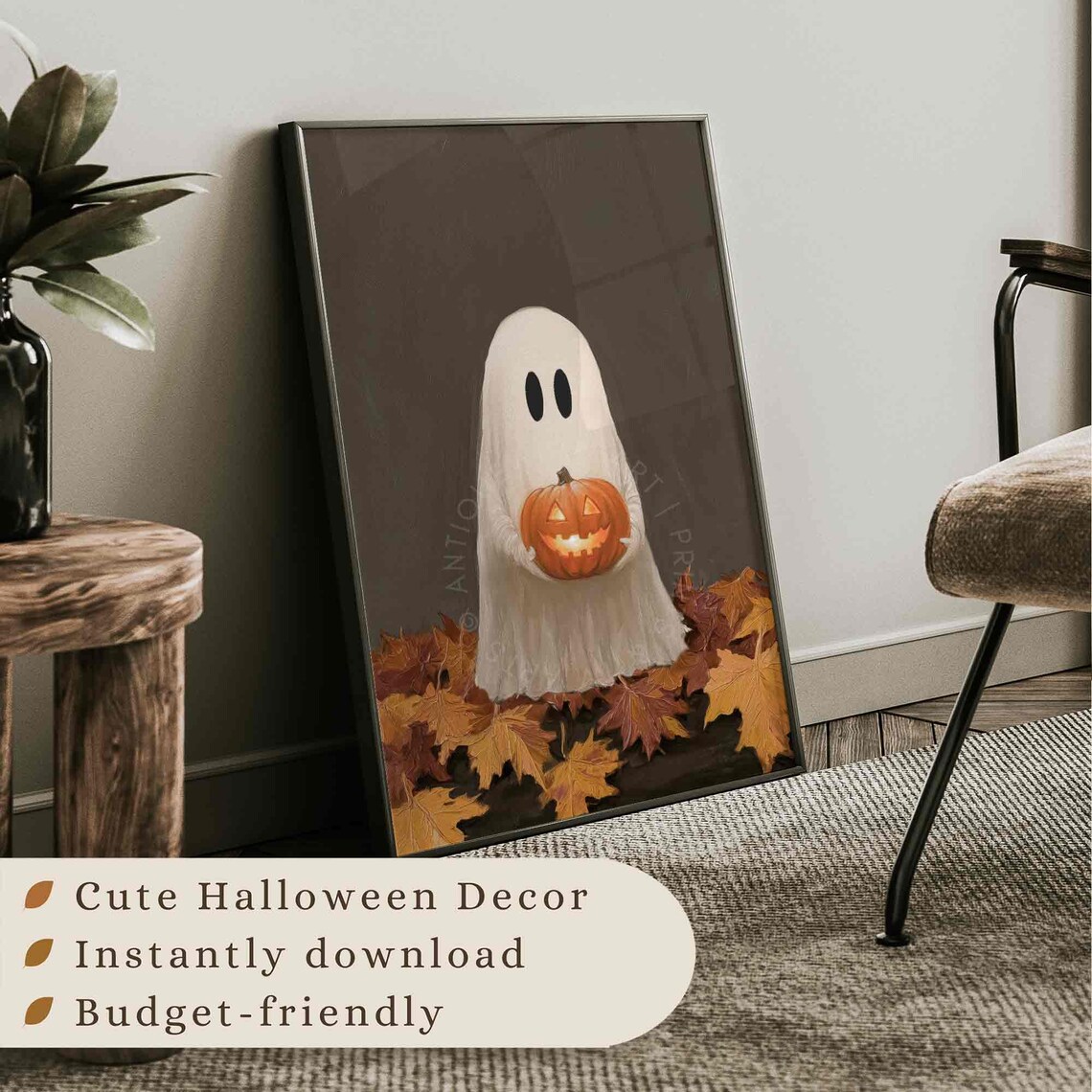 Cute Ghost With Pumpkin Halloween Art Print - Image 3
