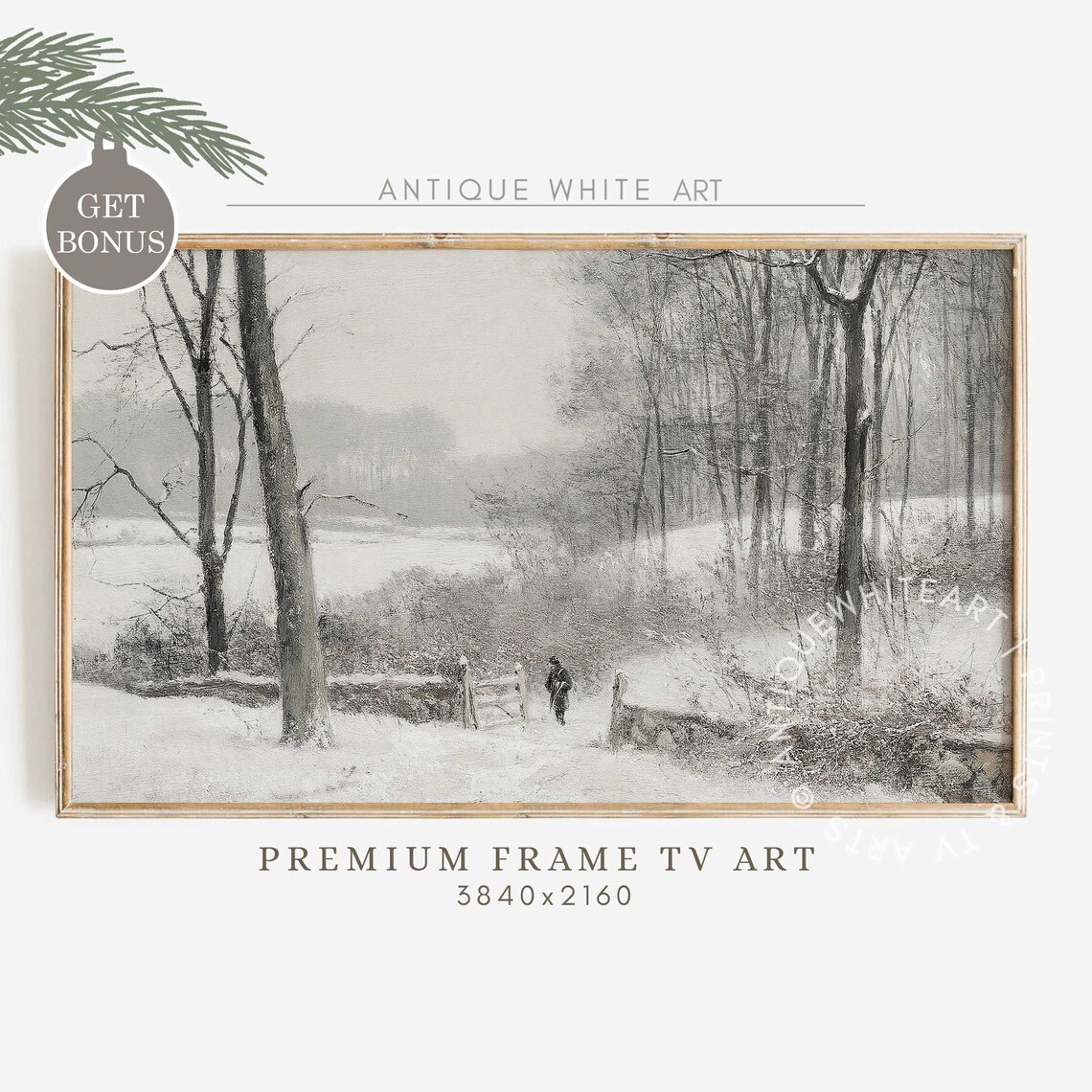 Lone Figure Snowy Woods Frozen Pond Wooden Fence Vintage Winter Print