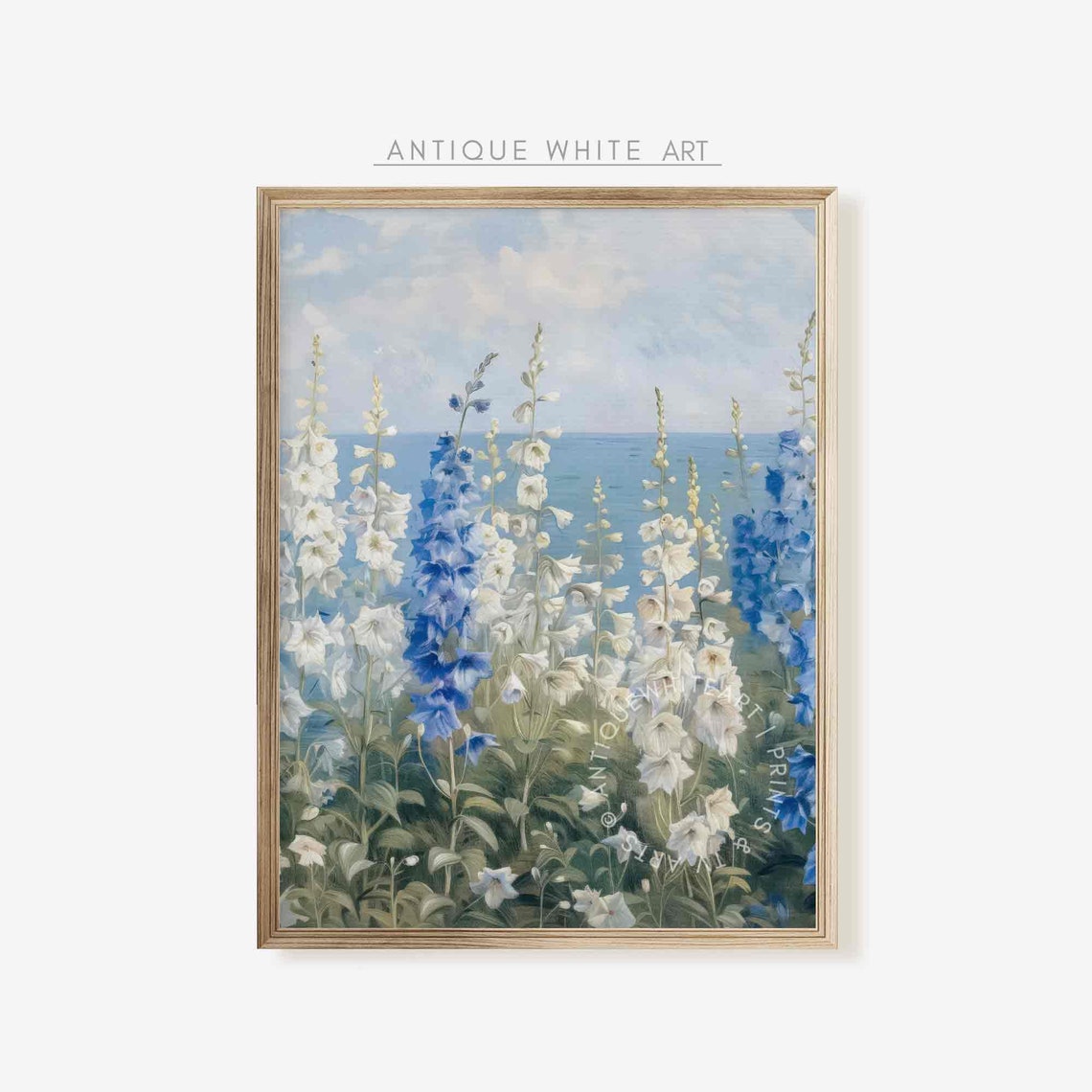 White Blue Delphiniums Tall Coastal Garden Flowers Sea View Poster