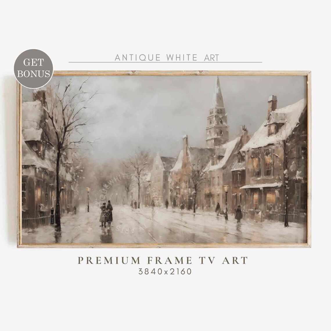 Old Town Snowy Street Church Spire Warm Windows Winter Travel Poster