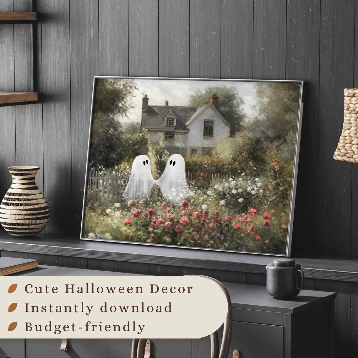 Cute Ghosts Cottage Garden Roses Vintage Painting Farmhouse Halloween Poster - Image 3