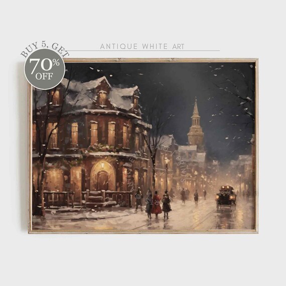 Vintage Christmas Town Print Moody Winter Wall Art Farmhouse Christmas Decor Christmas Eve Painting W83