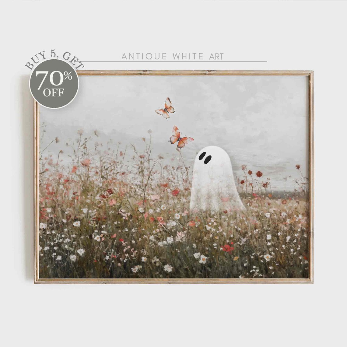 Cute Ghost in Wildflower Field Halloween Autumn Spooky Art Print