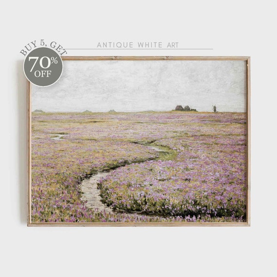 Vintage Meadow Painting, French Country Landscape Art Print