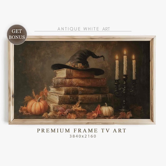 Witch Hat On Antique Books With Candles And Pumpkins Dark Moody Art Poster
