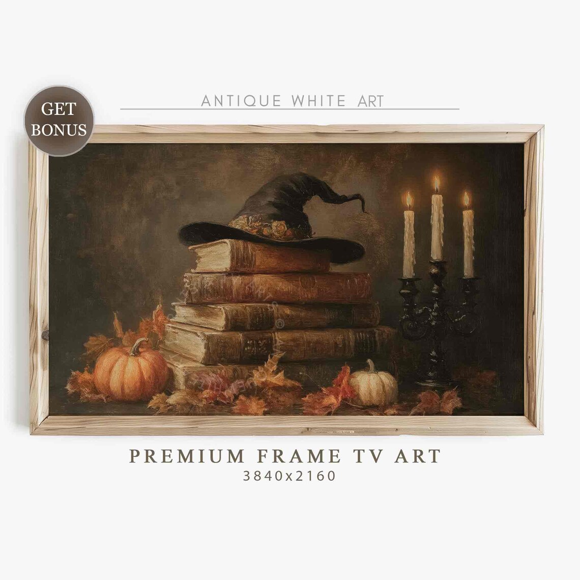 Witch Hat On Antique Books With Candles And Pumpkins Dark Moody Art Poster