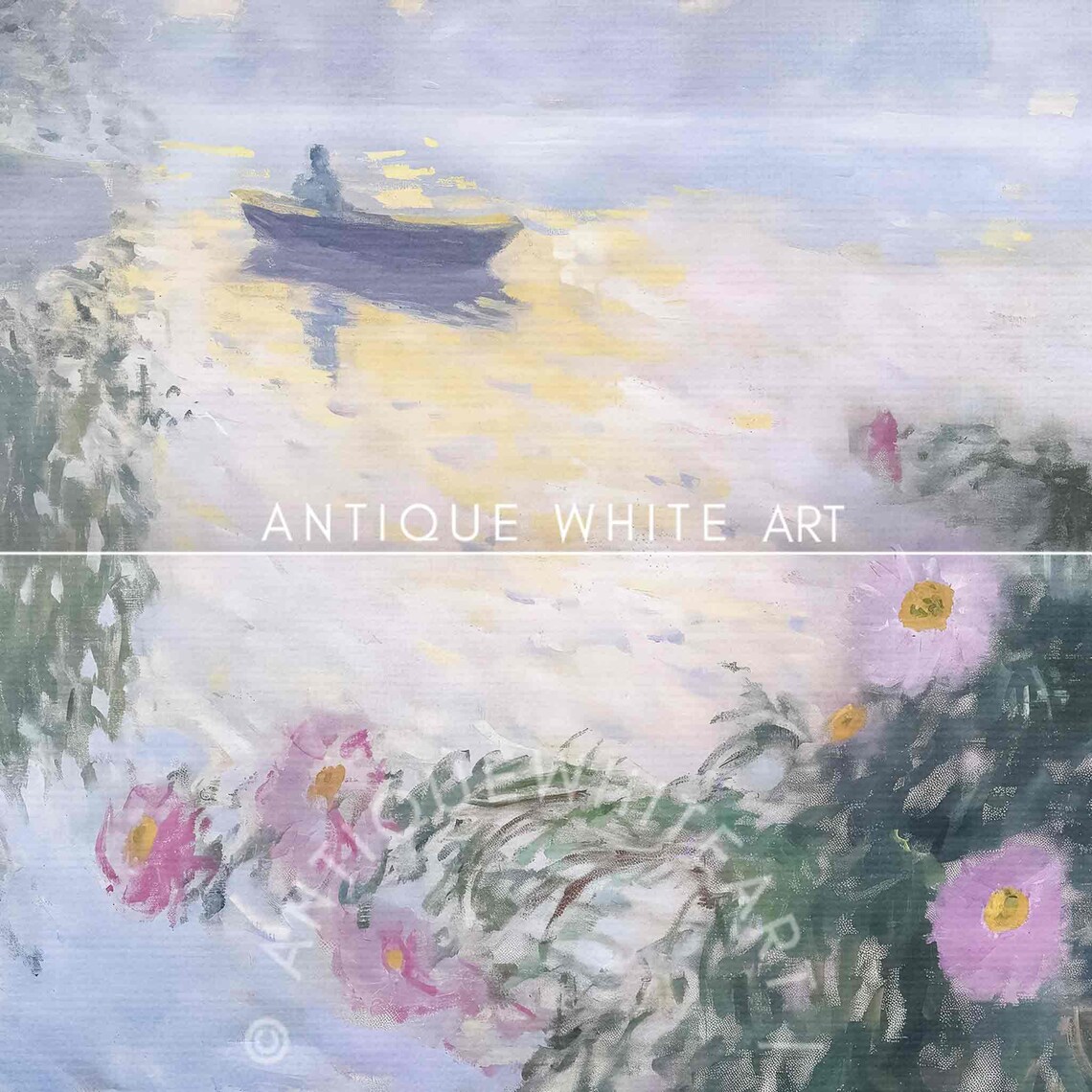Misty Lake Rowboat Pink Wildflowers Impressionist Watercolor Style Poster - Image 2