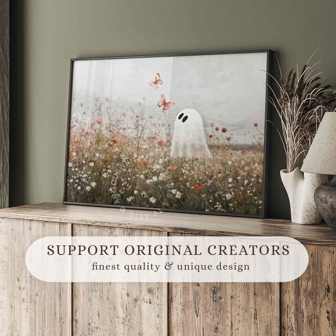 Cute Ghost in Wildflower Field Halloween Autumn Spooky Art Print - Image 2