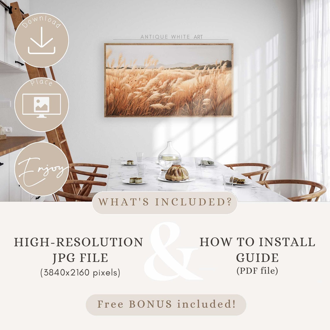 Golden Grass Field Seed Heads Hazy Mountain Vintage Wall Art Print - Image 3