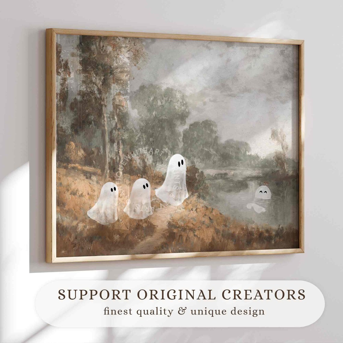Cute Ghosts Autumn Field And Pond Vintage Oil Painting Halloween Art Poster - Image 2