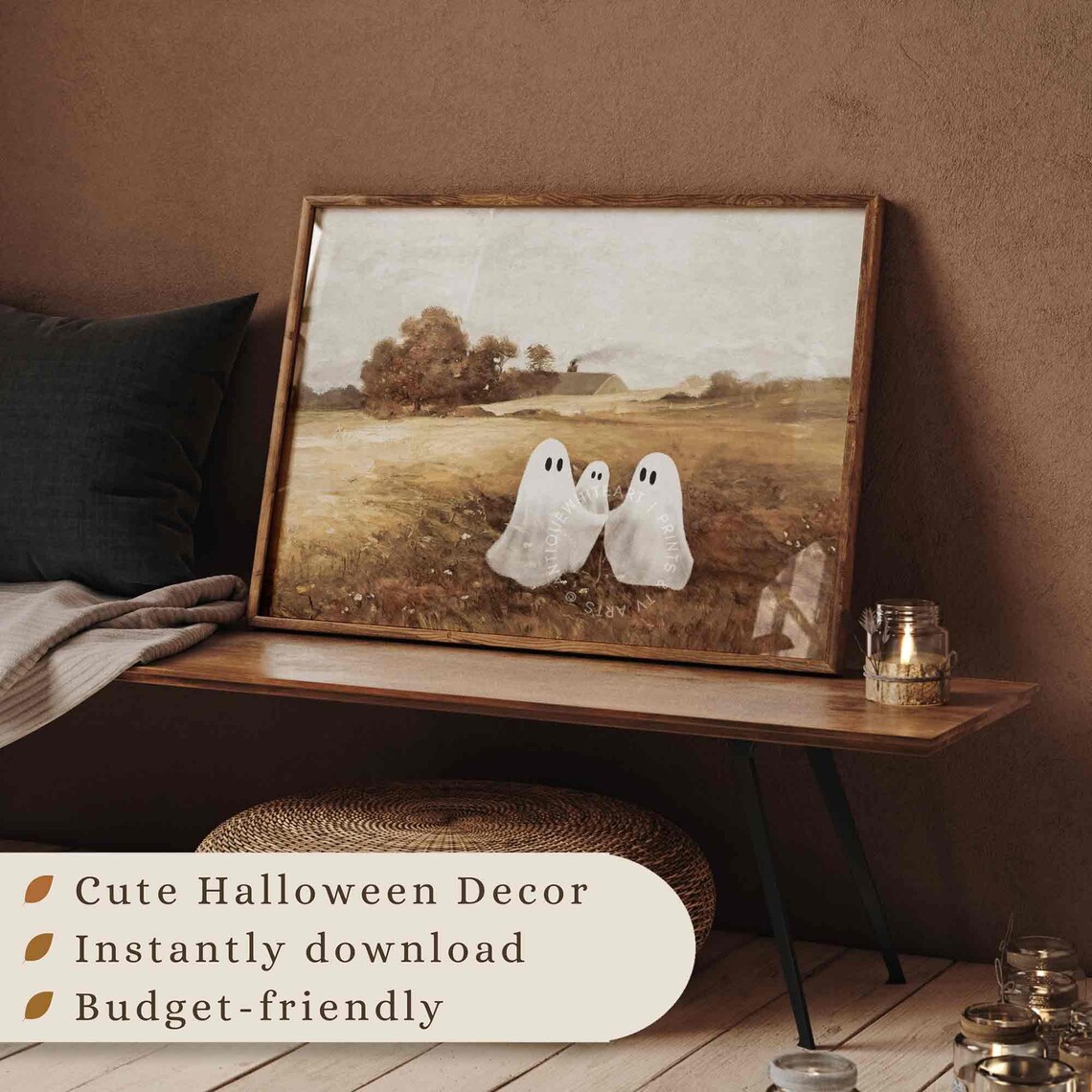 Ghost Family Autumn Field Vintage Fall Landscape Cute Halloween Poster - Image 3