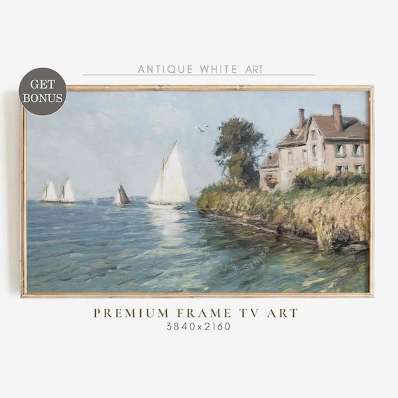 Vintage Sailboats Coastal House Seascape Oil Painting Serene Sea Poster