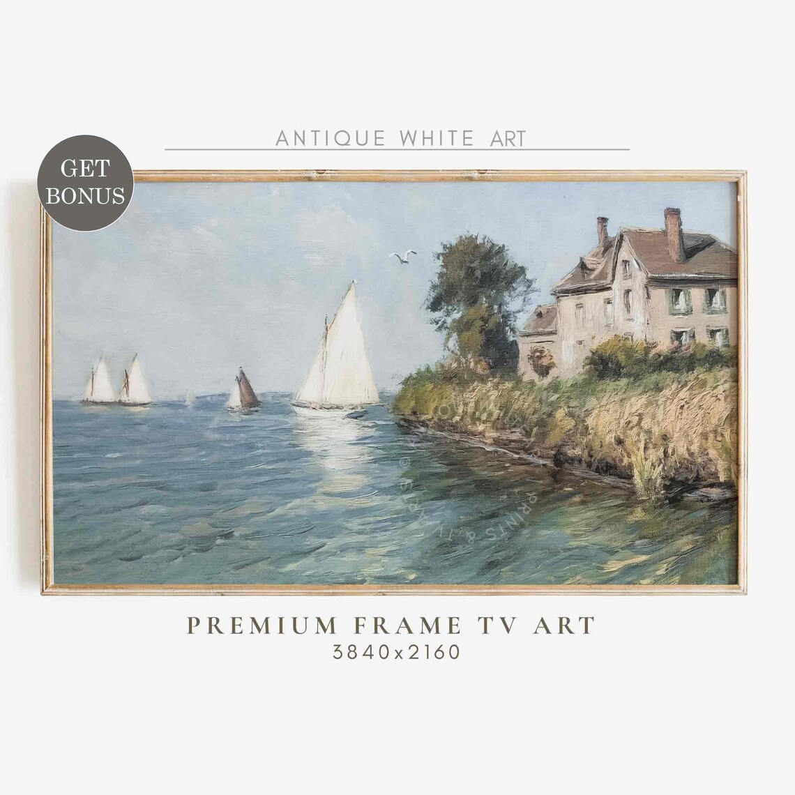 Vintage Sailboats Coastal House Seascape Oil Painting Serene Sea Poster
