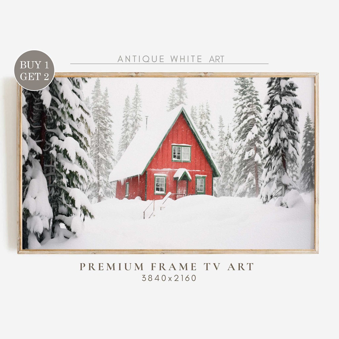 Red A-Frame Cabin Snowy Pine Forest Christmas Vintage Wall Art Print