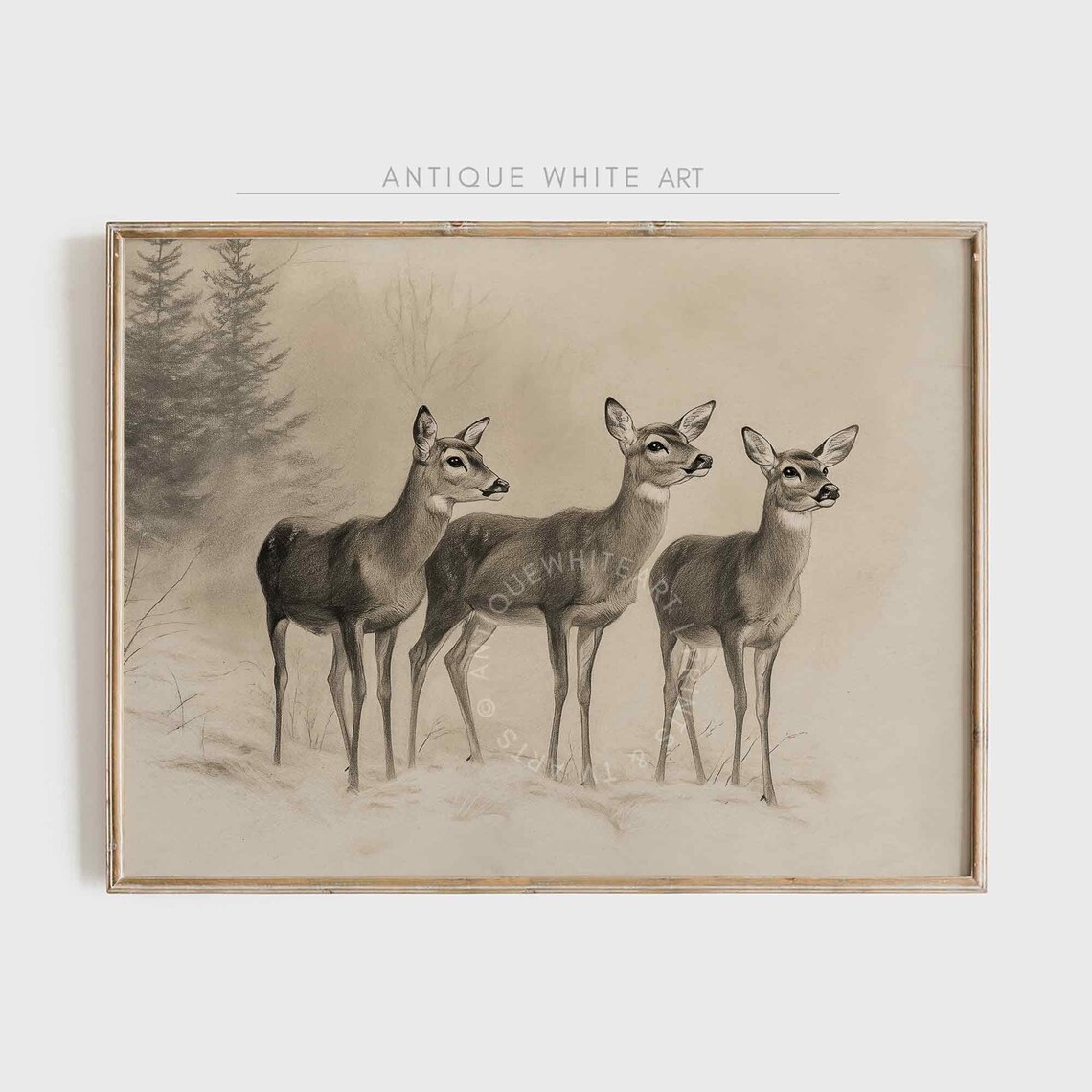 Rustic Christmas Deer Wall Art, Winter Reindeer Drawing