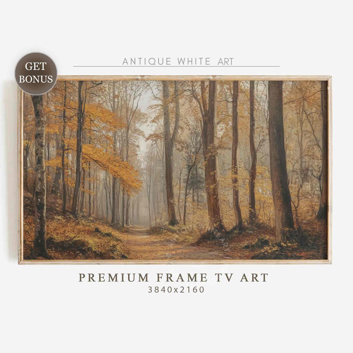 Golden Autumn Forest Tall Trees Misty Path Vintage Frame Tv Art Poster