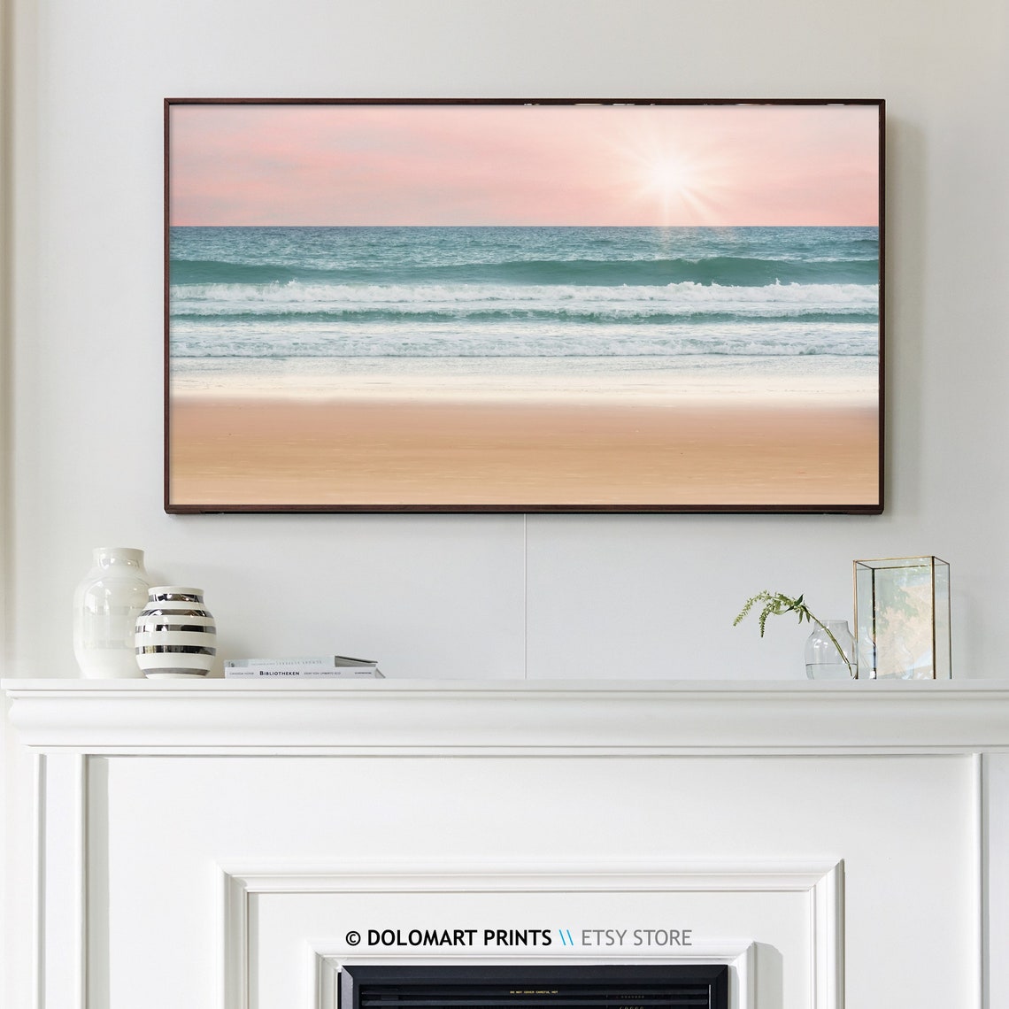 Beach Sunset With Waves Pastel Pink Sky Coastal Ocean View Poster - Image 3
