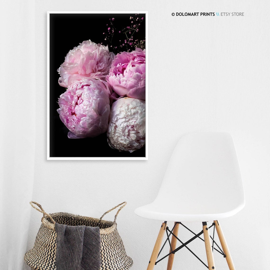 Blush Pink Peonies Dramatic Black Background Floral Photo Poster - Image 3