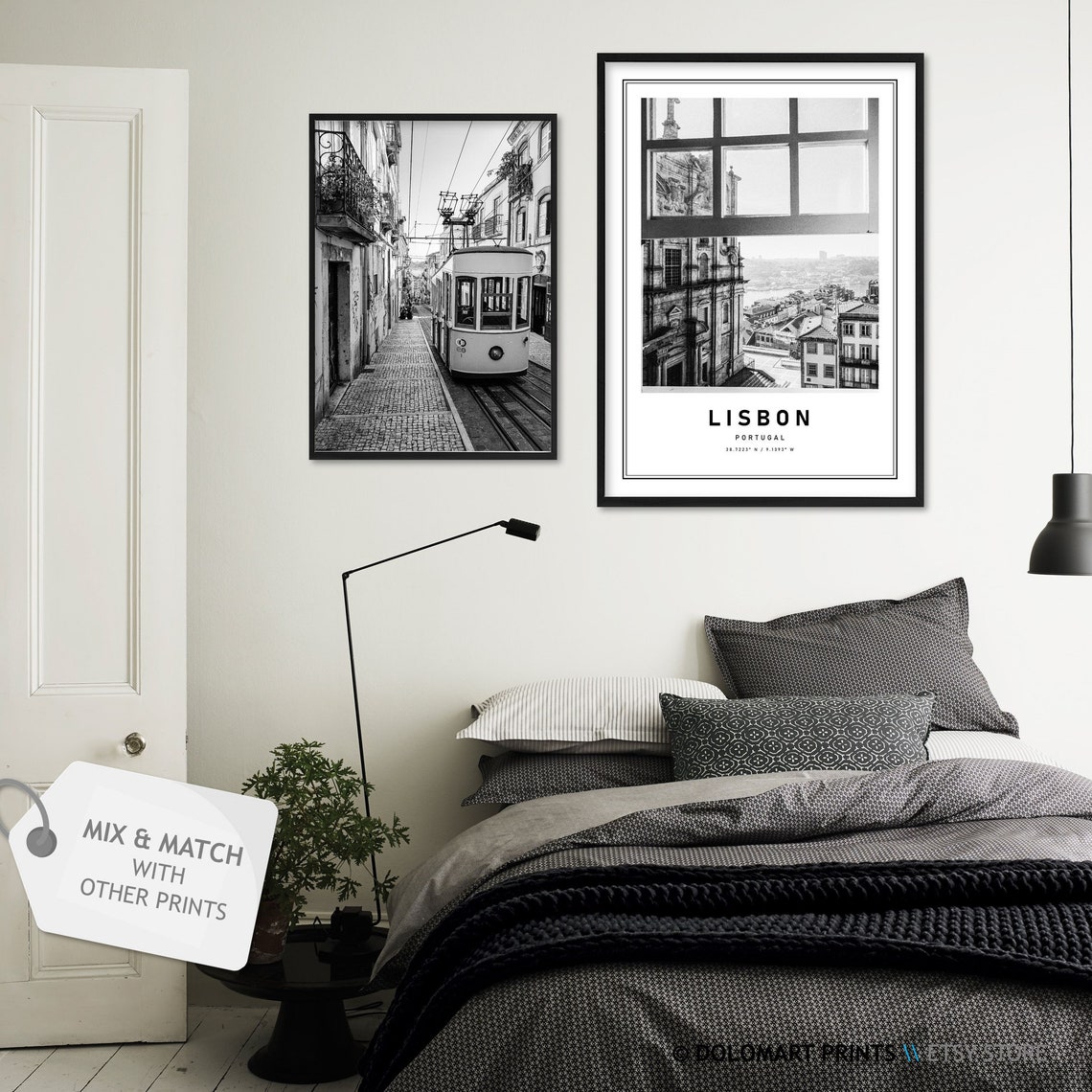 Lisbon Street Photography Travel Print Portugal Poster Europe Wall Art Decor Lisbon Portugal Black And White Coordinates Home Decor Piece - Image 2