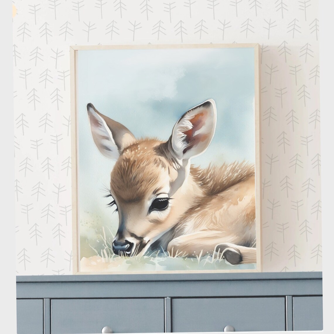 Sweet Baby Deer Fawn Resting Watercolor Woodland Nursery Poster