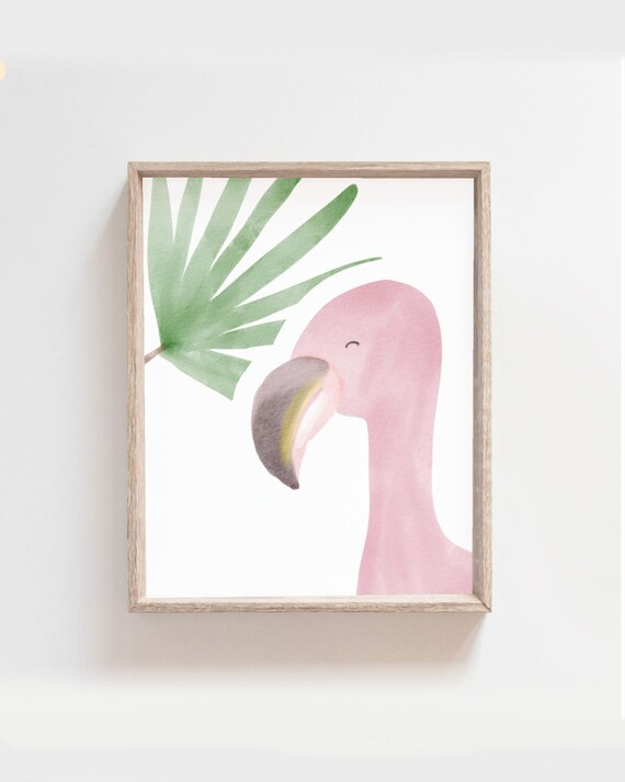 Pink Flamingo Head With Green Palm Leaf Tropical Watercolor Nursery Poster