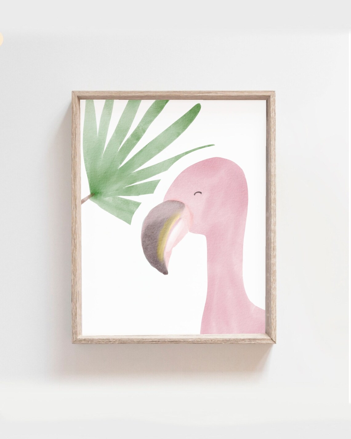 Pink Flamingo Head With Green Palm Leaf Tropical Watercolor Nursery Poster